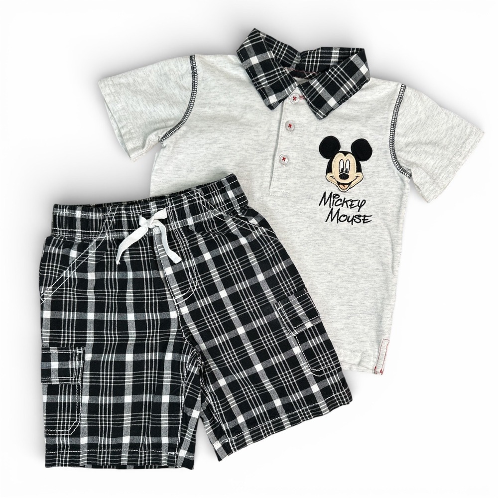 Disney Mickey Mouse Outfit Set Toddler Boys 3T Gray Black Plaid Polo and Shorts